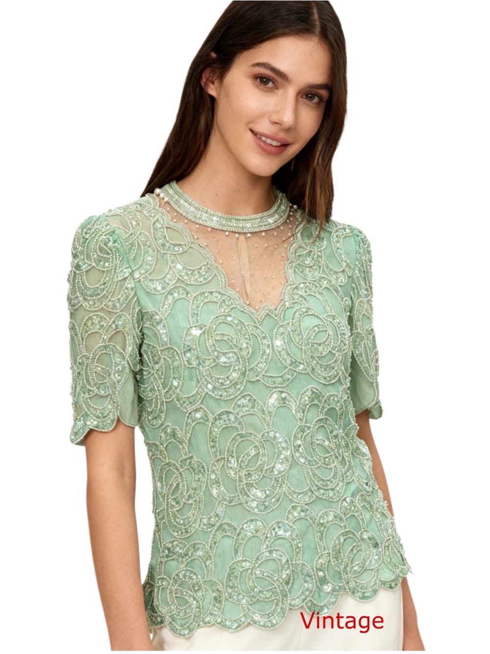 Beaded Floral Lace Short-Sleeve Blouse in Mint